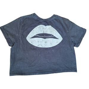 LA LUNA Rock N Roll Vintage Co Lips Crop Top Shirt Womens Grey Distressed - S